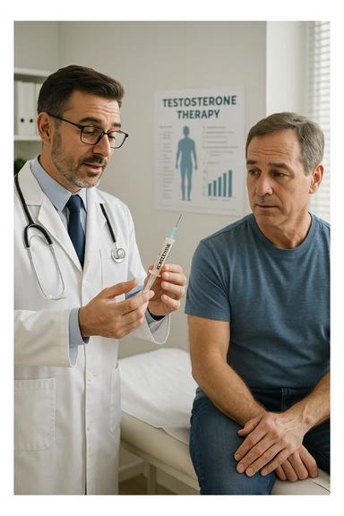 a doctor in a white coat prepares a syringe labeled “Testosterone” while a middle-aged man sits calmly on the examination table, sleeve rolled up and looking slightly apprehensive but trusting. The doctor explains the procedure, and a medical chart about testosterone therapy is visible in the background. The mood is professional and reassuring. sticker