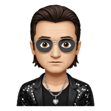 Bono with black sequin jacket, black shirt with necklace, dark brown medium hair sticker