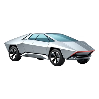 A futuristic chrome car emoji, sharp geometric body design inspired by cybertruck aesthetics, smooth silver metallic surface, matte and glossy chrome mix, minimal details, soft reflections, clean edges, iOS emoji style, centered, clean white background, soft studio lighting, no text sticker