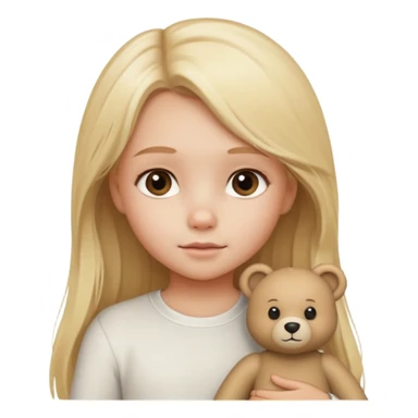 Blonde little girl, long hair, white long sleeve, with beige bear sticker