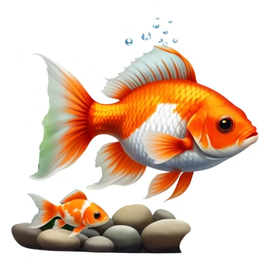 Large aquarium fish like veil tails and lionhead goldfish swimming gracefully in a beautifully decorated aquarium. Colorful aquatic plants, smooth rocks, and gentle bubbles surround the fish. The water shimmers in sunlight, creating a peaceful and vibrant underwater scene. Transparent background. sticker