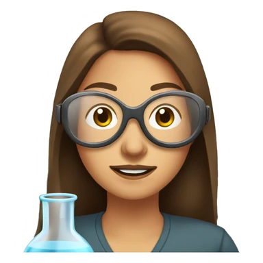 Woman with straight long brown hair wearing clear goggles in a lab class with a traditional bench and beakers  sticker