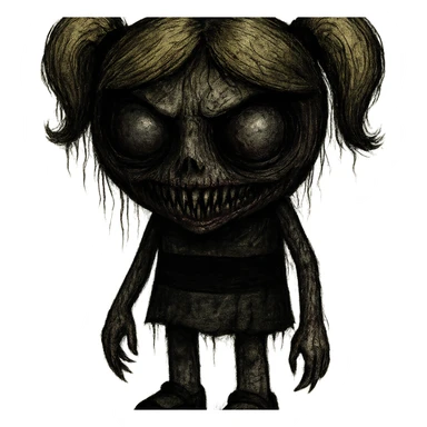 Bubbles from Powerpuff Girls, reimagined in a scary, horror-inspired style, with unsettling features and a creepy vibe, dark and eerie atmosphere sticker