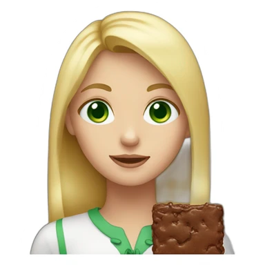 Blonde girl, green eyes holding a brownie sticker
