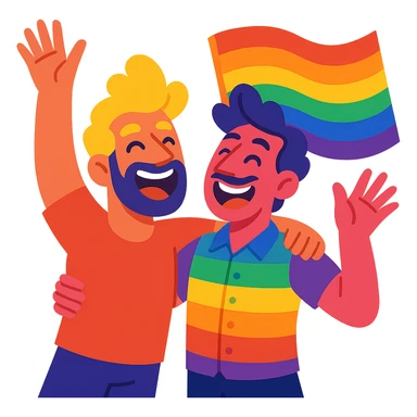 two very flamboyant, affectionate men, vibrant colors, expressive, joyful, celebrating LGBTQ+ pride sticker