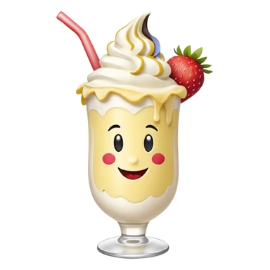 Milkshake vanilla with a banana sticking out of the milk shake it and two strawberries on both sides of the banana at the very tip of the banana, whipped cream and a smiley face sticker