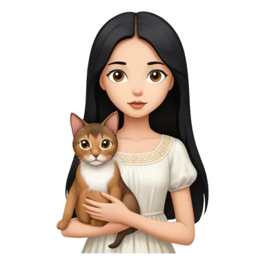 A beautiful girl with long black hair wearing a white dress holds an Abyssinian cat in her arms sticker