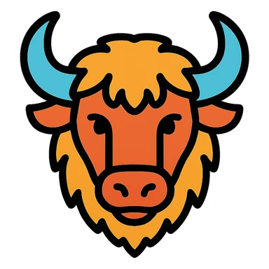 stylized bison head icon, large horns, curved snout, shaggy mane, modern icon style sticker