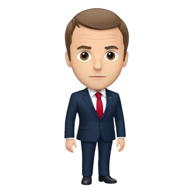 figure of Emmanuel Macron with an oversized head and small body, standing, wearing a dark navy suit and red tie, highly recognizable face, simplified details sticker