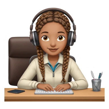 realistic brown skinned female with braids sitting at a desk with headphones on sticker
