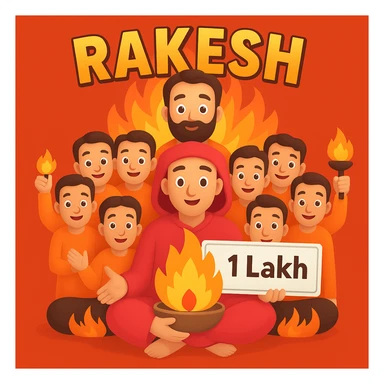 Add the name 'Rakesh' above the divine leader and a visible 1 lakh check in his hand, keeping the fire and team of devotees below. Make the name and check stand out clearly. sticker