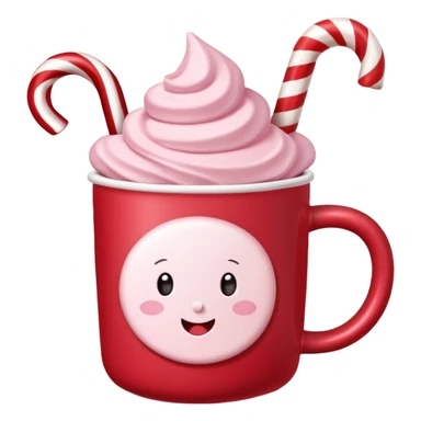 hot chocolete with pastel pink marshmallows in red christmas mug with stars and candy cane, trendy aesthetic sticker
