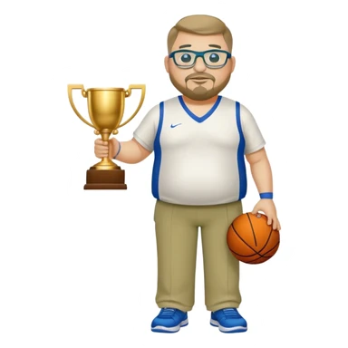 full body white obese male basketball coach with trophy. Goatee , Wearing glasses and blue and green polio and khaki pants sticker