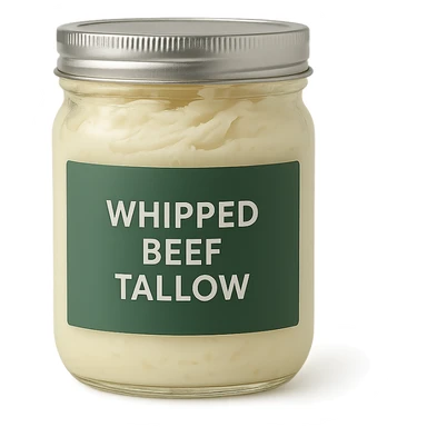 jar of whipped beef tallow with a green label, clear glass, creamy texture, minimalistic design, clean background sticker