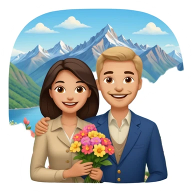 Couple  laughing traveling russian man and elegant  Latina girl delicate flowers and mountains in the background  sticker