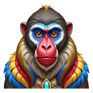 Cinematic Noble Mandrill Portrait Emoji, Poised and regal, with a striking, powerful build and a vivid, multicolored face accented by bold blue, red, and yellow hues, deep-set soulful eyes, Simplified yet sharp and sophisticated features, highly detailed, glowing with a vibrant, dignified glow, high shine, intelligent and commanding, stylized with an air of exotic majesty, focused and attentive, soft glowing outline, capturing the essence of a watchful and confident primate, so majestic it feels as though it could step out of the screen with effortless authority! sticker