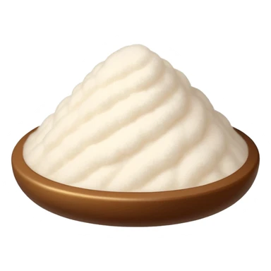 small translucent pile of fine off-white powder with a light fluffy texture, gently mounded or slightly scattered, very fine matte grains resembling starch or gelatin substitute, no spoon bowl or extras, soft lighting, subtle shadows, emoji scale sticker