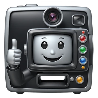 An anthropomorphized black professional television studio camera smiling and giving a thumbs up sticker