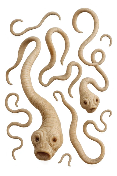 PARASSITI COME LA TENIA FLUTTUANO IN ARIA, iperrealistico 4k sticker