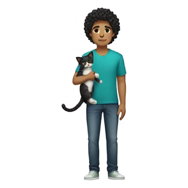 Mexican black curly hair guy standing holding a cat sticker