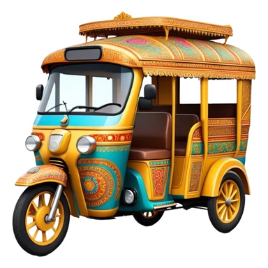 Cinematic Realistic Indian Auto Rickshaw Emoji, depicted as a colorful, bustling auto rickshaw with intricate designs and vibrant hues, rendered with lively textures and dynamic urban lighting that captures its quintessential presence in Indian cities. sticker