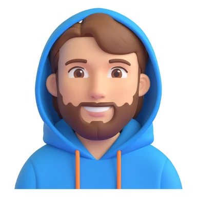 3D emoji of MrBeast, blue hoodie, short brown hair, beard, friendly face sticker