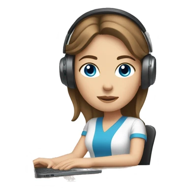white girl at desk, brown hair, blue eyes, computer, headphones sticker