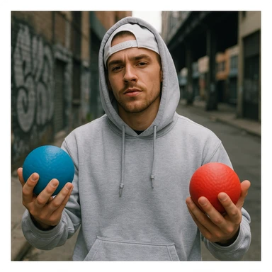 A white rapper wearing a hoodie, holding a blue ball and a red ball in opposite hands, street style, confident expression sticker