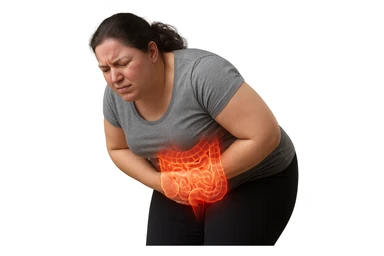 DONNA LEGGERMENTE SOVRAPPESO PIEGATA IN AVANTI FRONTALMENTE CON INTESTINO ANATOMICO IN EVIDENZA, MAL DI PANCIA iperrealistico 4k sticker