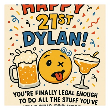 Funny 21st birthday card for Dylan featuring a tipsy emoji, overflowing drinks, headline 'Happy 21st Dylan!', confetti, bold playful fonts, and a joke about finally being legal. sticker