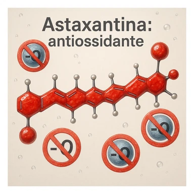 hyper realistic red astaxanthin molecule neutralizing free radicals, blocking radical symbols, scientific atmosphere, light background, text 'Astaxantina: antiossidante' sticker