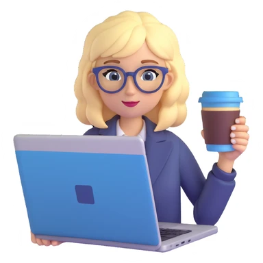A girl with blonde hair and blue hair wearing glasses holds a laptop and a glass of coffee sticker