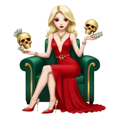 Lilith symbol red eye seductress evil shoulder length blonde haired sexy succubus woman with Gucci  long dress with slit, sitting on of gold and diamonds. Black Platform high heels on feet. seat full of stacks of cash,  dead human skull of her enemies in her other hand sticker