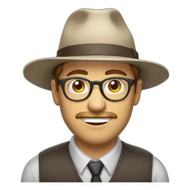 White man with hat, clear glasses and patchy beard sticker
