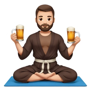slavic muscled guy with dark brown hair and beard, sitting in yoga pose on a mat, dark colors robe, long and volume dark hair, holding beer mugs in two hands, sitting sticker