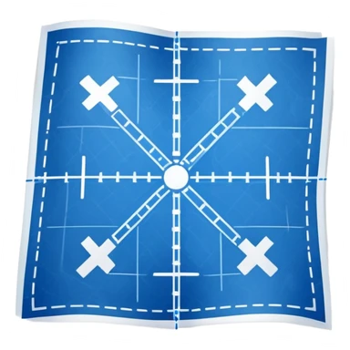 blue blueprint with white lines, X mark in the corner, and a dotted path to the X sticker
