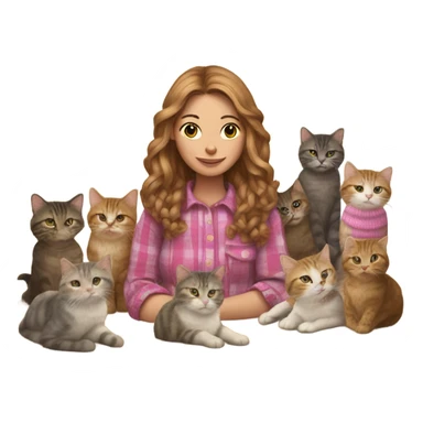 Woman with long light brown hair and a pink streak wearing a flannel shirt knitting and surrounded by cats sticker