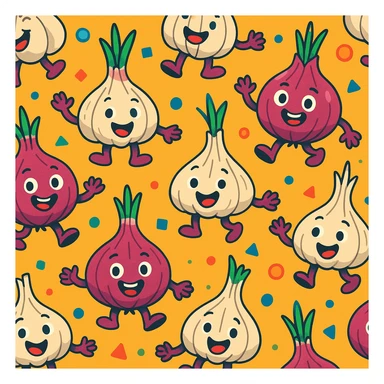animated onion and garlic characters, seamless background, playful, vibrant colors sticker