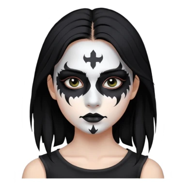 Crea una ragazza con stile black metal,  paint face black metal, capelli neri mossi dalle spalle e occhi bianchi sticker
