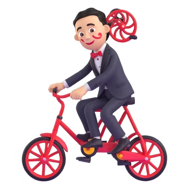 Saw puppet, 3D emoji style, glossy finish, red spirals on cheeks, black suit, red bow tie, tricycle sticker