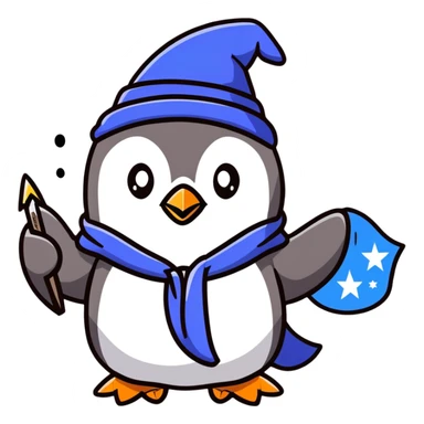 A penguin in a blue wizard robe and pointy hat with stars, casting a magical spell sticker