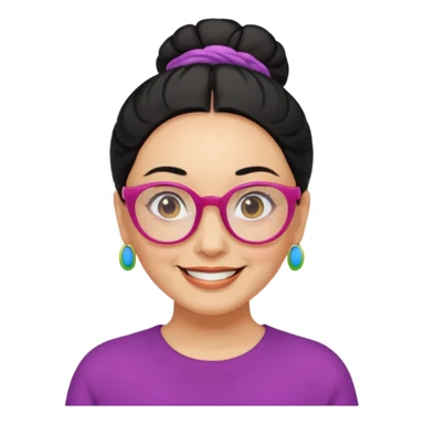 light skin middle aged with low bun in one black hair with multi colored glasses sticker