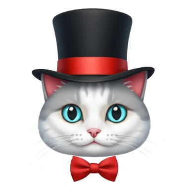  Kater in grau weiß, mit schwarzem Zylinder, der eine rote Banderole auf dem Kopf hat, der etwas schräg ist, so dass nur ein Ohr zu sehen ist. Der Kater schaut gerade nach vorne und am Hals hat er eine kleine, rote Schleife. Die Augen sind türkisfarben am funkeln mit kleinen, weißen Lichtreflexen. sticker