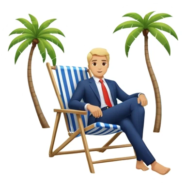 blonde man in business suit sitting in a beach chair on a tropical beach, vacation sticker
