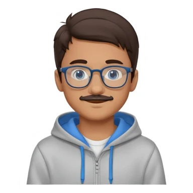 A boy with dark brown hair slightly tanned skin glasses blue eyes nice smile and a little moustache in a grey hoodie sticker