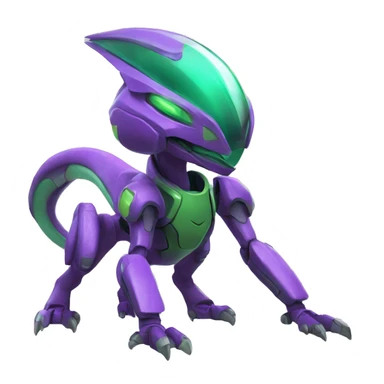 a purple-green Genesect-Raptor-Fakémon—hybrid with a futuristic visor-helmet full body sticker