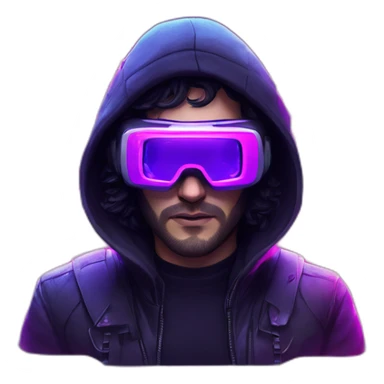 John Snow wearing a black hoodie with "OMG" letters on it and VR headset in a cyberpunk VR environment with violet neon lighting. sticker