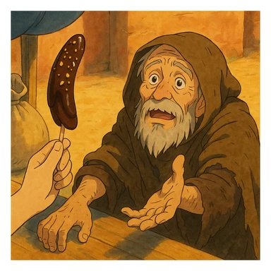 ghibli style illustration of a beggar reaching for a chocobanana, warm and expressive sticker