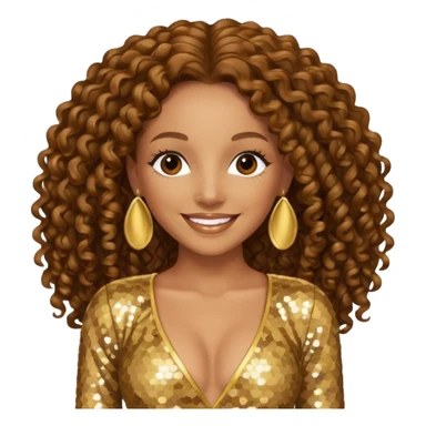 Mel B from Spice Girls with long brown curly hair, gold sequin outfit sticker