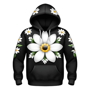 The BLACK Hoodie features a black base with scattered black and white flowers. Each flower has a white outer ring with a hollow center, creating a unique open design that contrasts sharply against the dark background. sticker